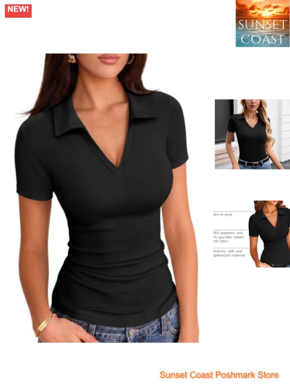 Ribbed Knit V Neck Collared Polo Top Short Sleeve Fitted Women's Shirt